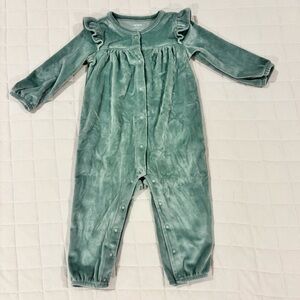 Carter’s Light Green Velvet Baby Romper Ruffle Shoulder 12 Month